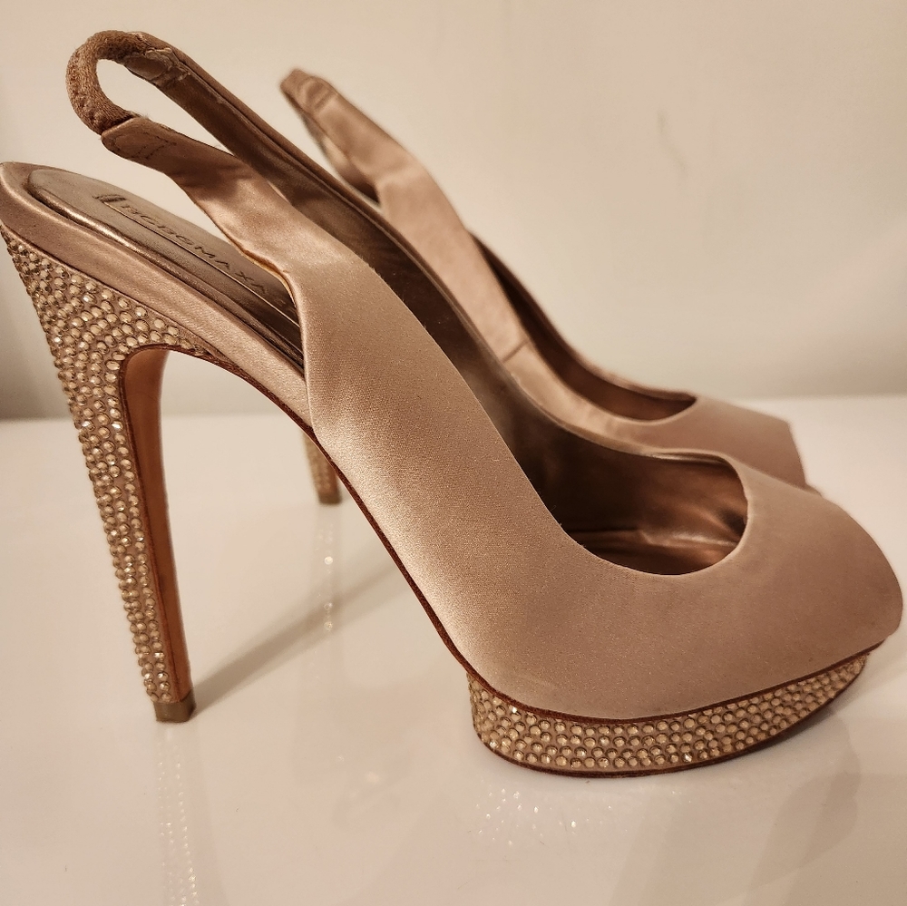 BCBG Max Azria Platform Satin Peeptoe Slingback Heels Crystal Studded Size 9B